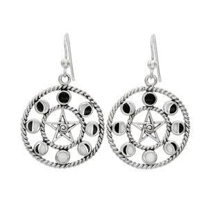 Sterling Silver Moon Phase Pentagram Dangle Earrings .925