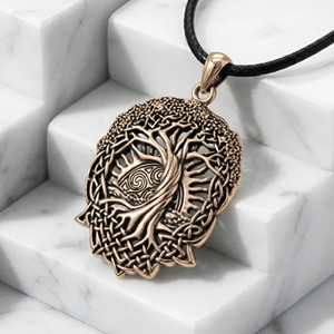 Celtic tree pendant draped elegantly across bright white marble steps at our pagan jewelry store, emphasizing the polished gold tone and complex world tree design