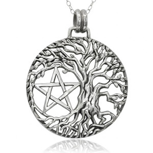 Tree of life pentagram pendant, a large sterling silver Wiccan necklace displayed against a bright white background