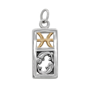 Front view of a .925 sterling silver Pisces charm with a gold-plated astrology symbol on a crisp white background