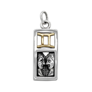 Gemini charm necklace featuring a rectangular .925 sterling silver pendant with a gold vermeil zodiac symbol and two detailed silver faces representing the twins