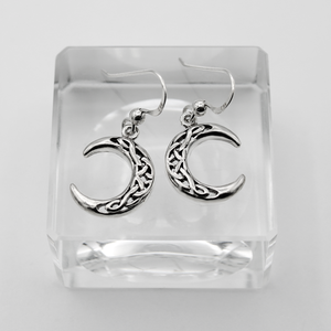 Sterling Silver Celtic Moon Earrings on Acrylic Block - Pagan Gift