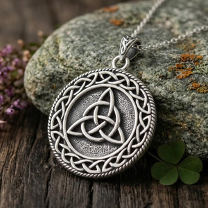 Large triquetra pendant resting on a natural stone at our Wicca jewelry store, a rugged Triquetra Necklace for men crafted as a Celtic protection amulet in solid .925 sterling silver
