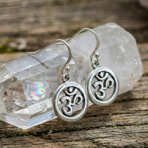 .925 Sterling Silver Hindu Aum Earrings with Polished Rim