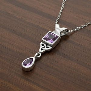 Modern Sterling Silver Celtic Trinity Knot Amethyst Dangle Necklace