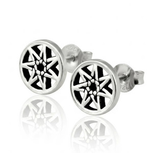 Fairy Star Earrings in fine silver, showcasing small open-cut seven-pointed septagram designs on a crisp white background with a soft reflection