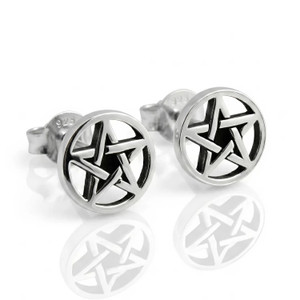 Pentacle earrings in sterling silver, shown as a pair with a reflection on a clean white background