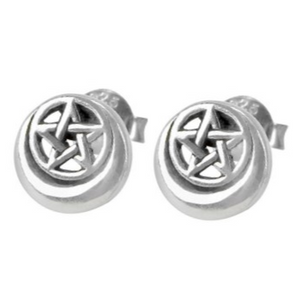 Sterling Silver Crescent Moon Pentacle Earring Studs