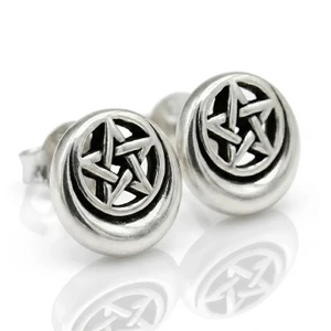 Pentacle earrings with a crescent moon border in sterling silver, featuring a mirror reflection on a white surface