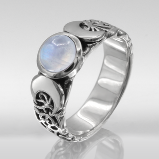 Triple Moon Witch Ring and Moonstone | Sterling Silver Goddess