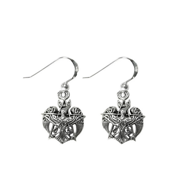 .925 Sterling Silver Crescent Raven Pentacle Earrings Witch and Witchcraft Jewelry