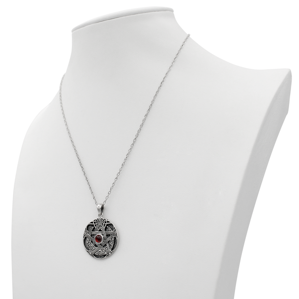 Wiccan Store : Celtic Pagan Jewelry : Garnet & Sterling Silver Moon Pentacle Pendant with cable chain necklace