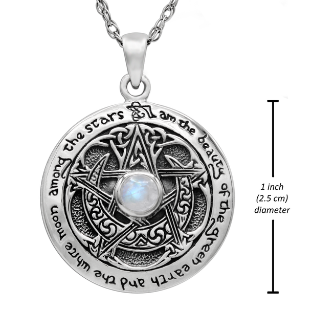 Pagan Jewelry : Sterling Silver Moon Pentacle Pentagram Necklace Rainbow Moonstone