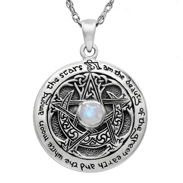 Pagan Jewelry : Sterling Silver Moon Pentacle Pentagram Necklace Rainbow Moonstone