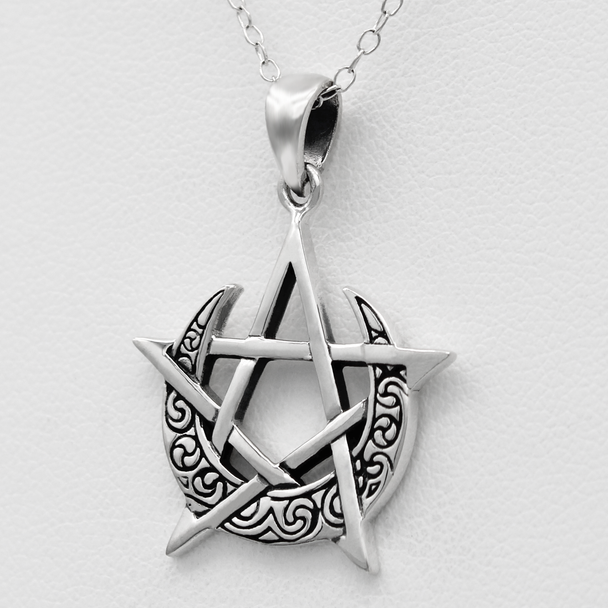 Wiccan amulet : Moon Pentagram Witchcraft Necklace .925 Sterling Silver