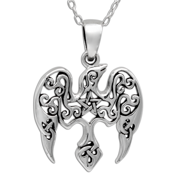Raven Pentagram Necklace, Pagan and Celtic Pagan Jewelry .925 Sterling Silver
