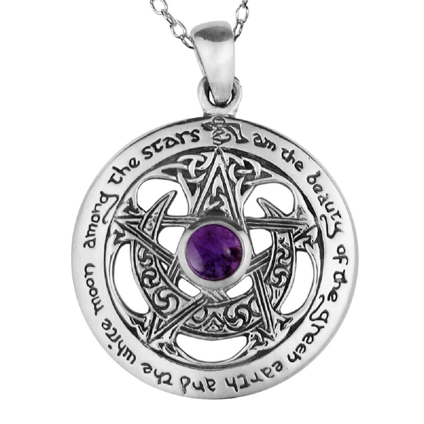Sterling Silver Cut Out Moon Pentacle Pendant with Amethyst Wiccan Jewelry
