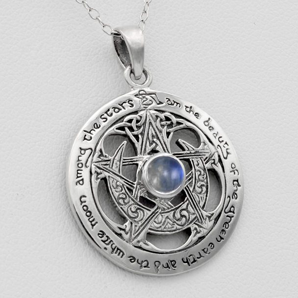 Moon Goddess Pentagrams at our Wiccan & Pagan jewelry store : Sterling Silver Large Cut Out Moon Pentacle Necklace  with Rainbow Moonstone