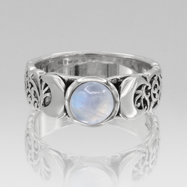 Moonstone Triple Moon Witch Goddess Ring - Wicca Witchcraft Jewelry