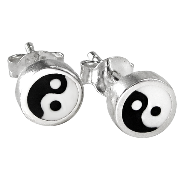 Sterling Silver Yin Yang Earrings Studs Black and White Enamel