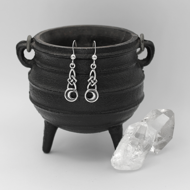 Celtic Moon Earrings - Sterling Silver Hanging on Cauldron