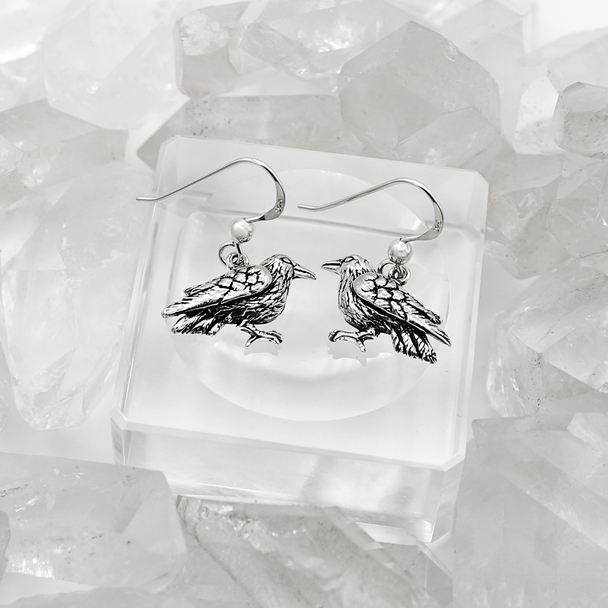 Sterling Silver Raven Earrings - Dangle Hook Jewelry