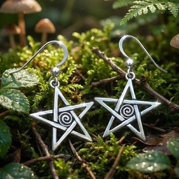 Pentagram Earrings - Sterling Silver Wiccan Witch Jewelry on the Ground