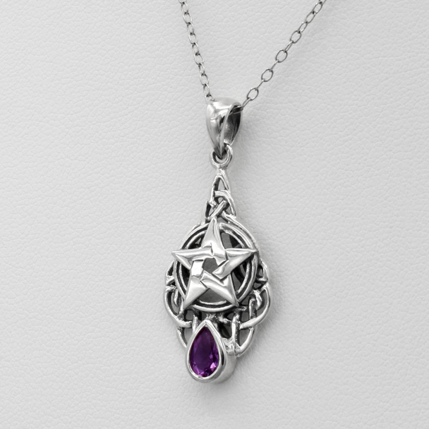Sterling Silver Celtic Triquetra Knot Pentacle Pendant with Amethyst Drop Jewelry