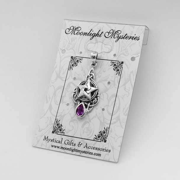Sterling Silver Celtic Triquetra Knot Pentacle Pendant with Amethyst Drop Jewelry