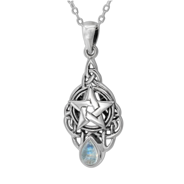 Sterling Silver Celtic Triquetra Knot Pentacle Pendant Rainbow Moonstone Necklace
