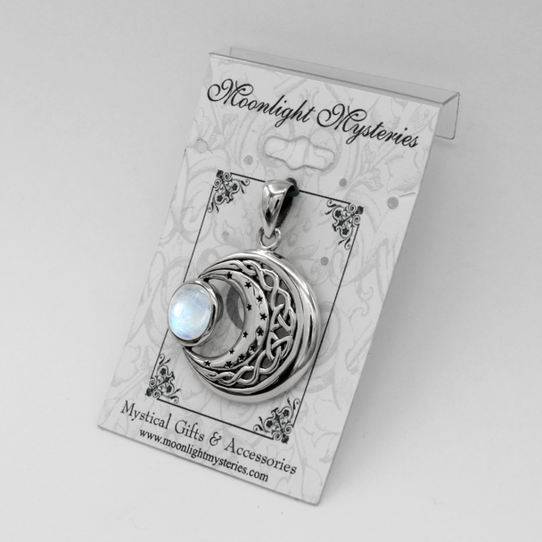 Sterling Silver Celtic Knot Moon and Stars Rainbow Moonstone