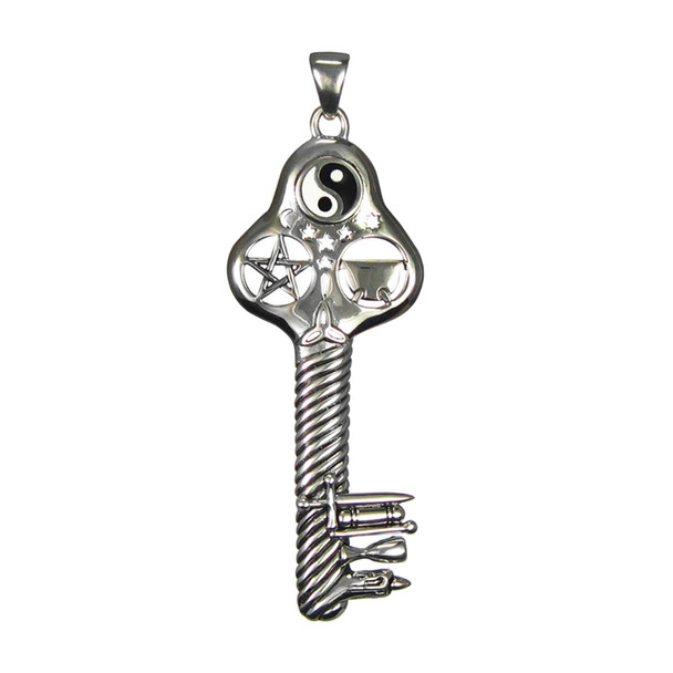 Large Sterling Silver Key of Magic Symbolic Pagan Pentacle Pendant Jewelry