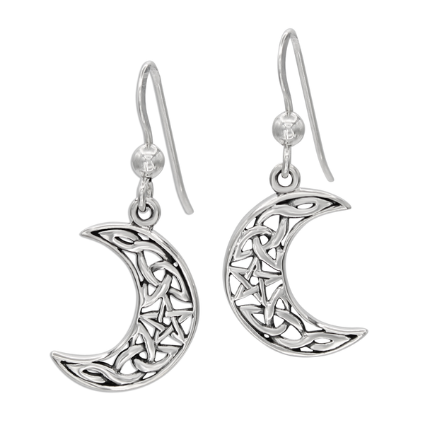 Silver hook earrings featuring a Celtic knotwork crescent moon with a five-pointed star