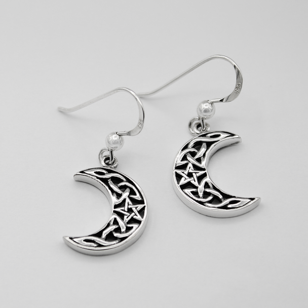 Crescent Moon Pentagram Dangle Earrings .925 Sterling Silver