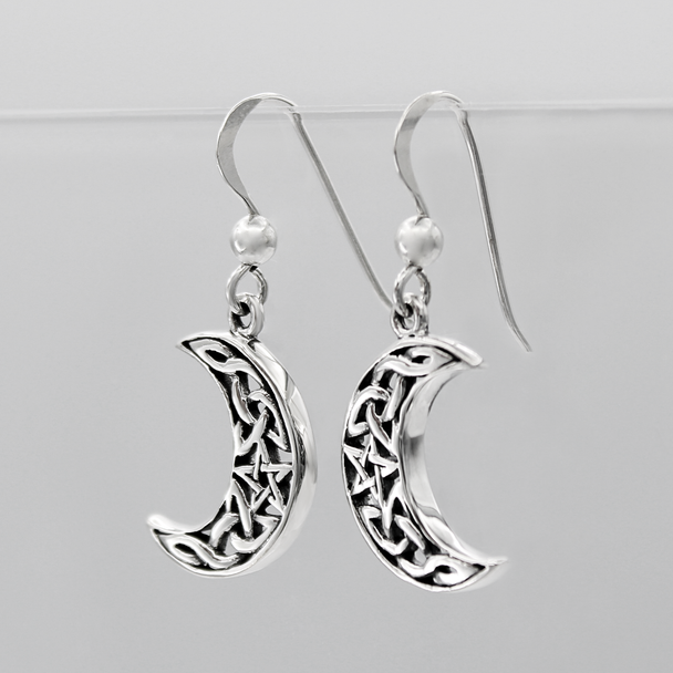 Sterling Silver Dangle Earrings Celtic Crescent Moon Shape with Star Center