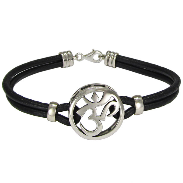 Sterling Silver Aum Om Symbol Bracelet with Genuine Leather