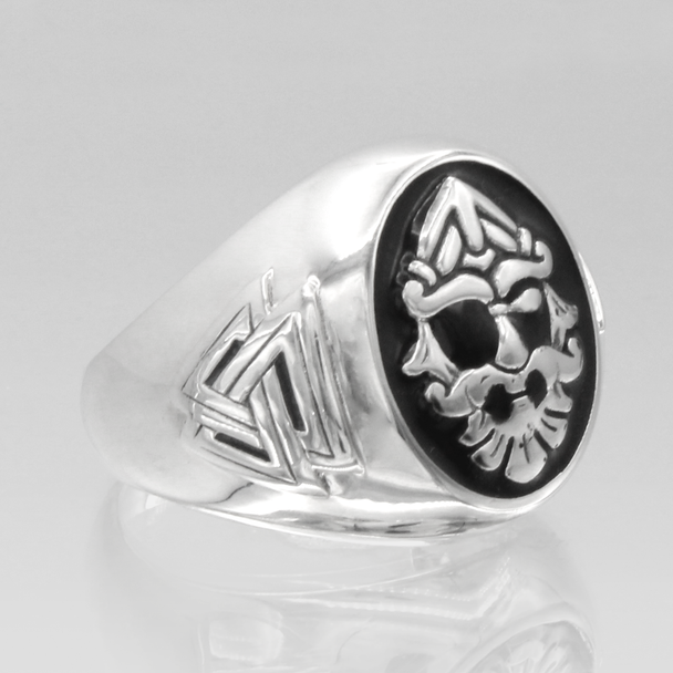 Norse Pagan Odin Valknut and Ansuz Rune Signet Men's Ring For Man in Sterling Silver