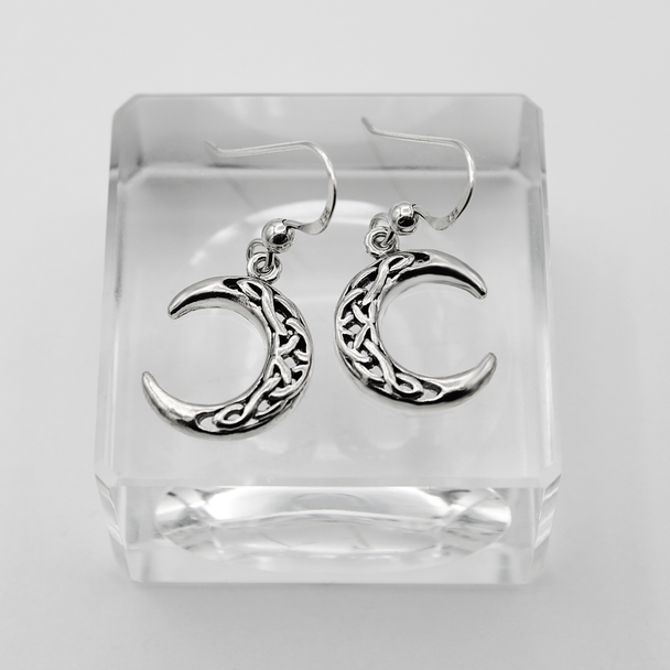 Sterling Silver Celtic Moon Earrings on Acrylic Block - Pagan Gift