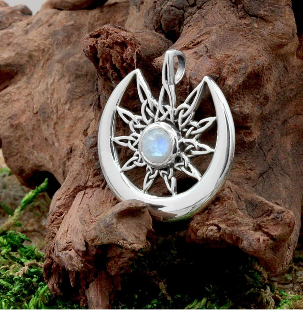 Sterling Silver Sun Burst and Crescent Moon with Rainbow Moonstone (PS-TPD-4233-RM