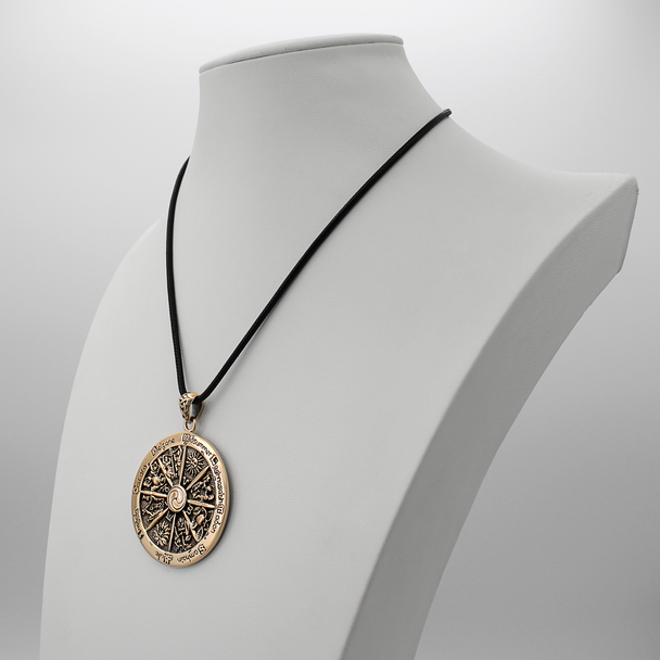 Bronze Wheel of the Year Pendant with The festivals, inscribed along the outer rim, include: Samhain, Yule, Imbolc, Ostara, Beltane, Midsummer, Lughnasadh, and Mabon.