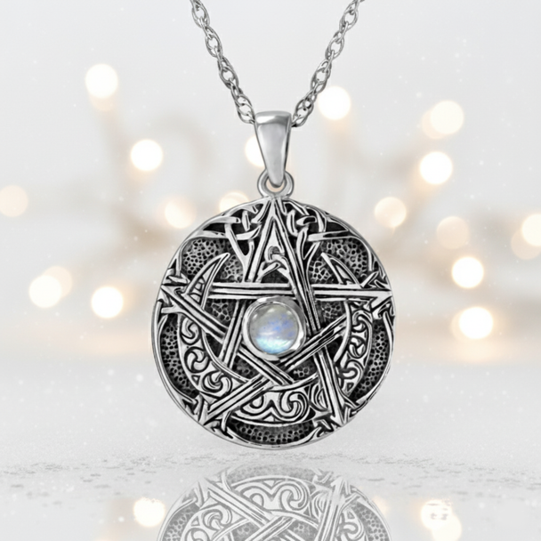 Moon Pentacle Necklace in.925 Sterling Silver with natural Rainbow Moonstone, featuring Paul Borda Dryad Design Celtic knotwork, with snow for Yule