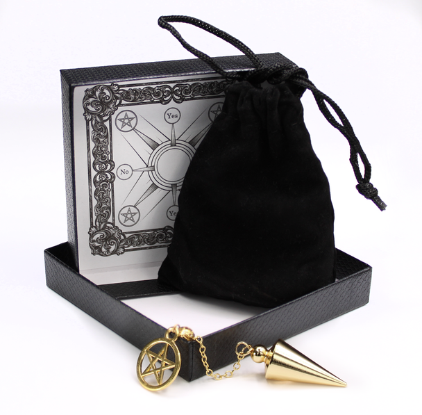 Silver Tone Pentacle Pendulum & Witchcraft Starter Kit: with board and instructions | witchcraft supplies  | pagan altar tools | wiccan gifts | spiritual supplies with gift box