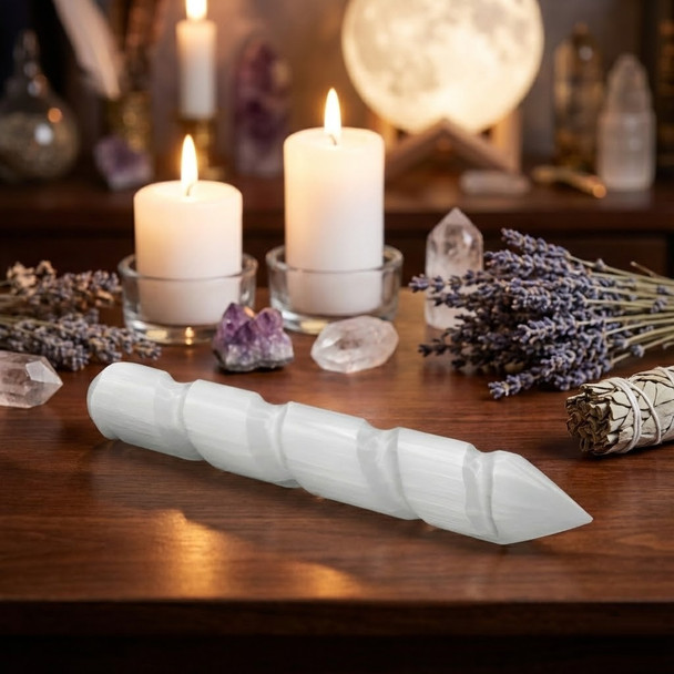 Polished white Selenite wand with a hand-carved spiral shaft and sharp crystal point resting on a dark wooden altar table.
