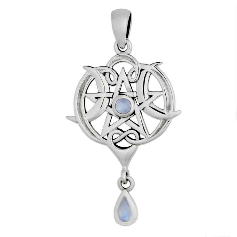 Sterling Silver Small Heart Pentacle Pendant with Rainbow Moonstone