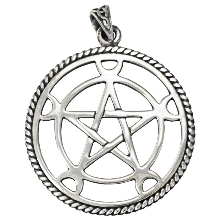 Large Sterling Silver Moon Pentacle Pendant - Wiccan Pagan Jewelry