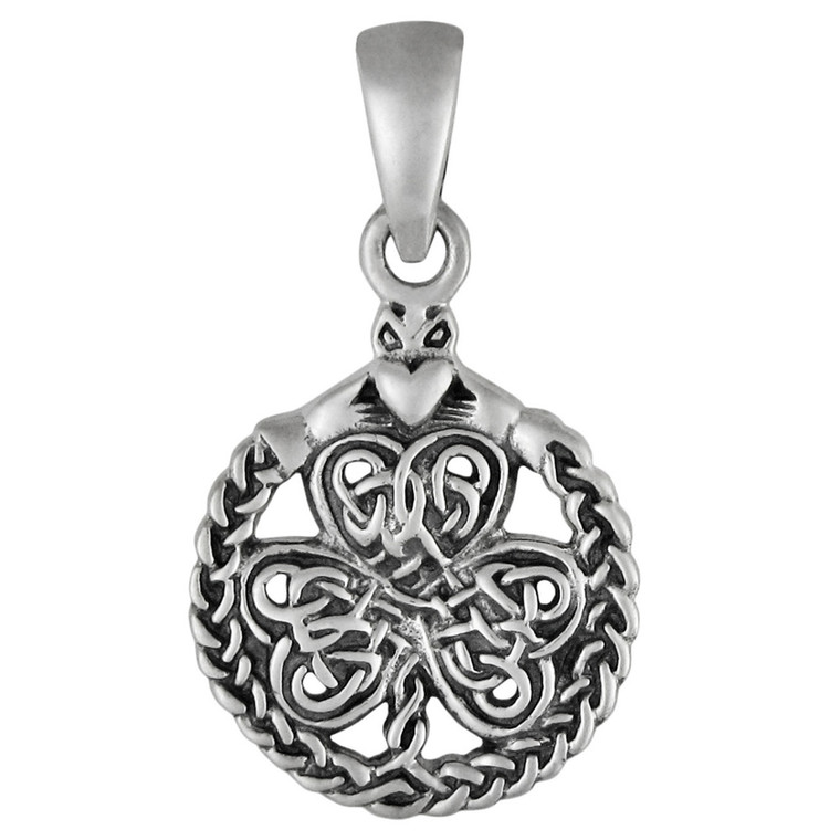 Small Sterling Silver Celtic Shamrock Clover with Claddagh Pendant