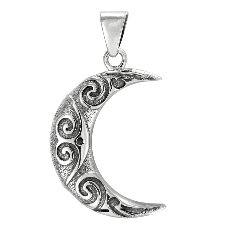 Large Ornate Celtic Knot Sterling Silver Crescent Moon Pendant