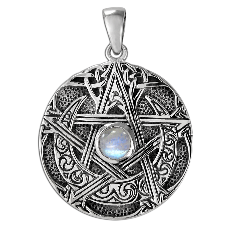 Sterling Silver Large Moon Pentacle Pendant with Rainbow Moonstone