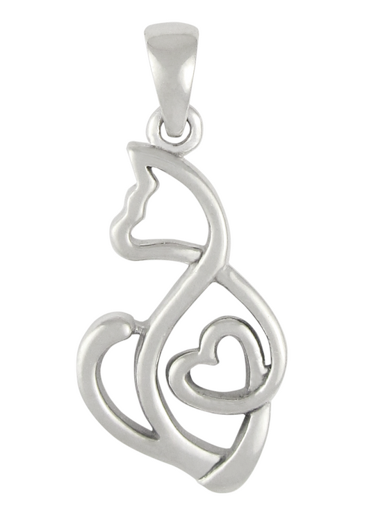 Sterling Silver Cat Love Heart Pendant