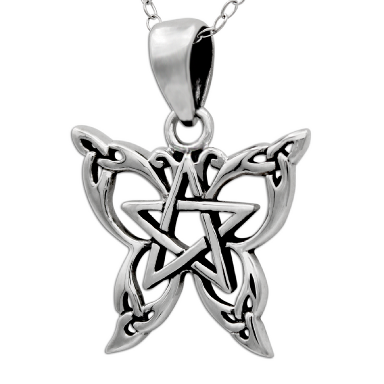 Tiny Pentagram Butterfly Necklace | Sterling Silver Witch Jewelry | Pagan Pendant